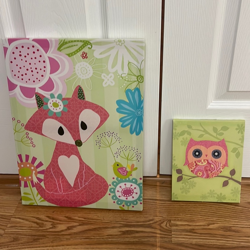 🆕 NWT Set of 2 canvas Wrapped Prints Owl and Fox Floral Prints
